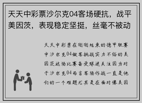 天天中彩票沙尔克04客场硬抗，战平美因茨，表现稳定坚挺，丝毫不被动 - 副本