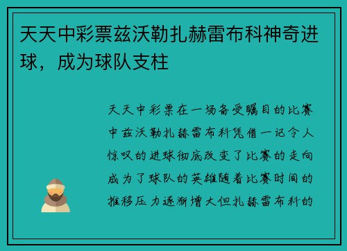 天天中彩票兹沃勒扎赫雷布科神奇进球，成为球队支柱