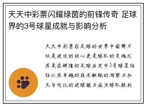 天天中彩票闪耀绿茵的前锋传奇 足球界的3号球星成就与影响分析