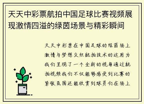 天天中彩票航拍中国足球比赛视频展现激情四溢的绿茵场景与精彩瞬间