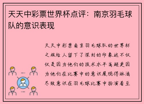 天天中彩票世界杯点评：南京羽毛球队的意识表现