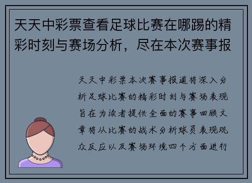天天中彩票查看足球比赛在哪踢的精彩时刻与赛场分析，尽在本次赛事报道中
