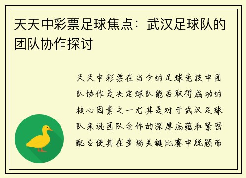 天天中彩票足球焦点：武汉足球队的团队协作探讨