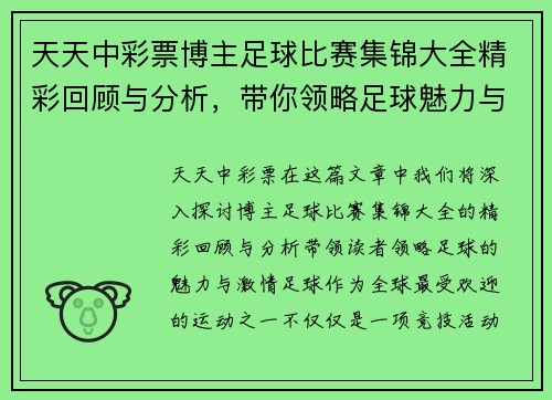 天天中彩票博主足球比赛集锦大全精彩回顾与分析，带你领略足球魅力与激情