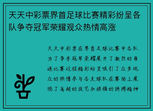 天天中彩票界首足球比赛精彩纷呈各队争夺冠军荣耀观众热情高涨